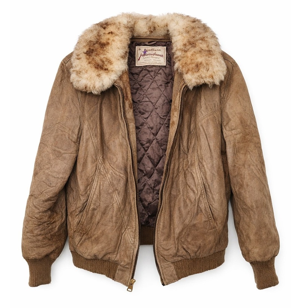 Vintage 70s New England Sportswear LARGE Brown Leather Faux Fur Bomber Jacket